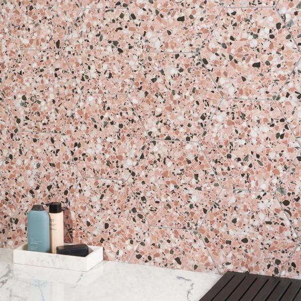 Bathroom | 1 sq. ft. Six Hexagon Earth Pink 12.5″ Terrazzo Look Matte Porcelain Tile Pink Earth Bathroom Bathroom