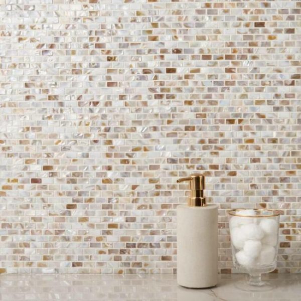 Bathroom | 1 sq. ft. South Seas Pearls 1/2×1 Mini Brick Pattern Polished Mosaic Tile Mini Brick Backsplash & Kitchen Backsplash & Kitchen