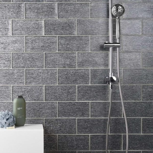 Bathroom | 1 sq. ft. Veda Black Silver 4×9 Polished Glass Tile Black Bathroom Bathroom