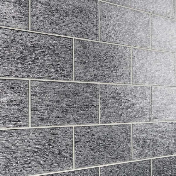 Bathroom | 1 sq. ft. Veda Black Silver 4×9 Polished Glass Tile Black Bathroom Bathroom