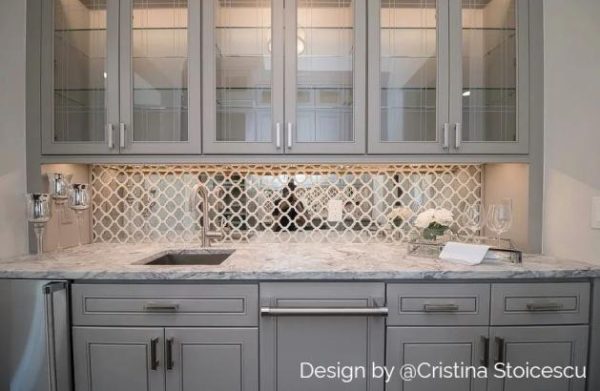 Bathroom | 1 sq. ft. Veranda Paris Gray Antique Mirror Mosaic Tile with Quartz Accents- Polished Paris Mirror & Quartz Accents Backsplash & Kitchen Backsplash & Kitchen