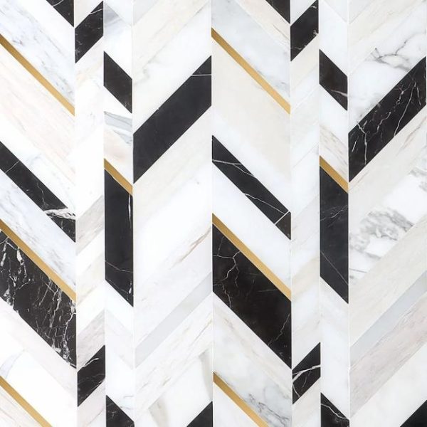 Calacatta | 1 sq. ft. Amari Saint Laurent Polished Marble and Brass Mosaic Tile Saint Laurent Calacatta Calacatta