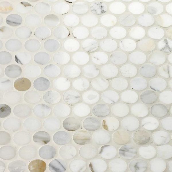 Calacatta | 1 sq. ft. Calacatta 1″ Penny Round Polished Marble Mosaic Tile Penny Calacatta Calacatta