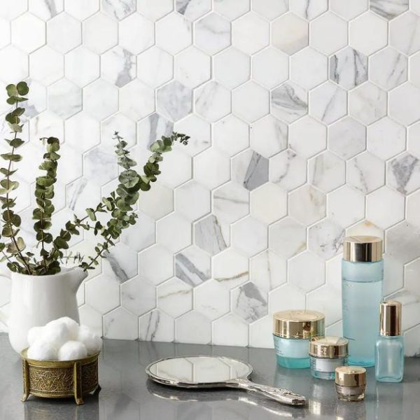 Calacatta | 1 sq. ft. Calacatta 2″ Hexagon Polished Marble Mosaic Tile Hexagon Calacatta Calacatta