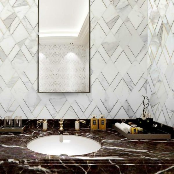 Calacatta | 1 sq. ft. Enver Calacatta Polished Marble and Brass Mosaic Tile Calacatta Calacatta Calacatta