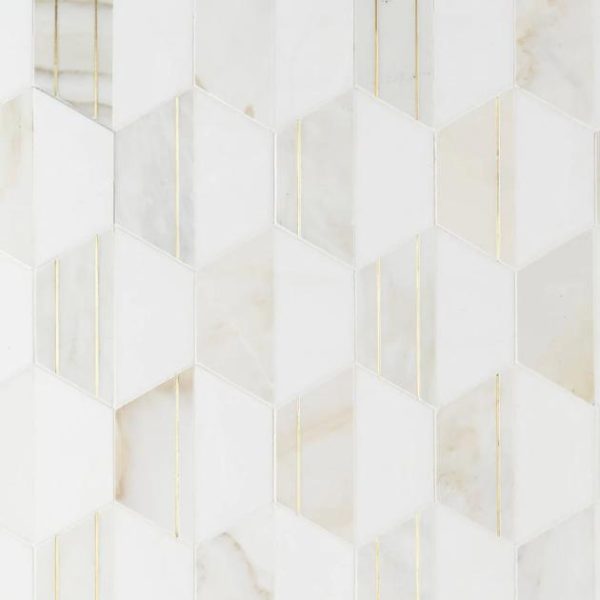 Calacatta | 1 sq. ft. Fuse Bianco 6″ Polished Marble and Brass Inlay Mosaic White Calacatta Calacatta