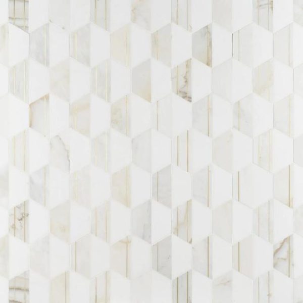 Calacatta | 1 sq. ft. Fuse Bianco 6″ Polished Marble and Brass Inlay Mosaic White Calacatta Calacatta