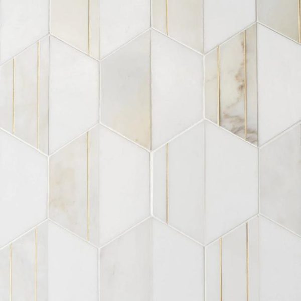 Calacatta | 1 sq. ft. Fuse Bianco 6″ Polished Marble and Brass Inlay Mosaic White Calacatta Calacatta