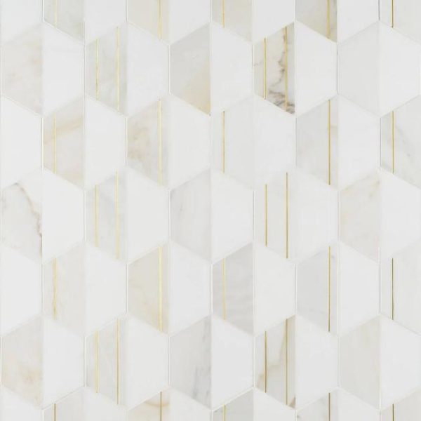 Calacatta | 1 sq. ft. Fuse Bianco 6″ Polished Marble and Brass Inlay Mosaic White Calacatta Calacatta