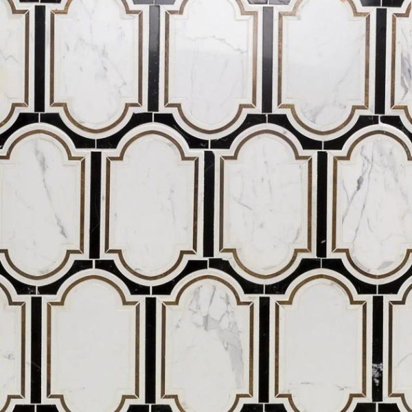 Calacatta | 1 sq. ft. Inara Cavalier Brass & Polished Calacatta and Black Jade Marble Tile Calacatta Calacatta