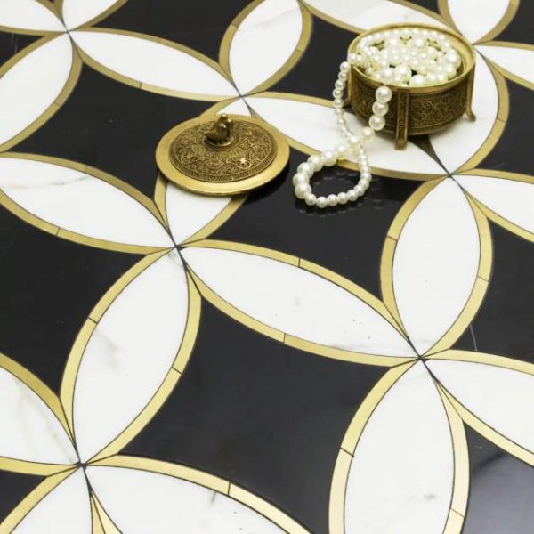 Calacatta | 1 sq. ft. Kaleidoscope Oblique Black- White and Brass 8×12 Polished Marble Tile Oblique Calacatta Calacatta