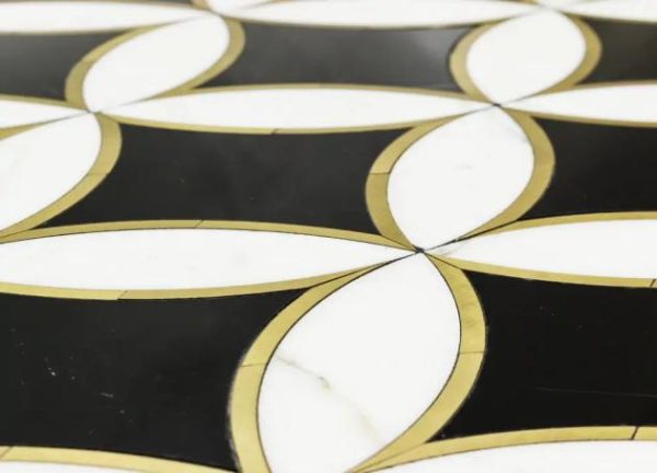 Calacatta | 1 sq. ft. Kaleidoscope Oblique Black- White and Brass 8×12 Polished Marble Tile Oblique Calacatta Calacatta