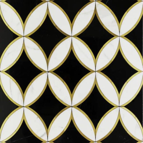 Calacatta | 1 sq. ft. Kaleidoscope Oblique Black- White and Brass 8×12 Polished Marble Tile Oblique Calacatta Calacatta