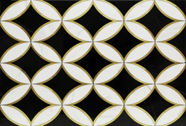 Calacatta | 1 sq. ft. Kaleidoscope Oblique Black- White and Brass 8×12 Polished Marble Tile Oblique Calacatta Calacatta