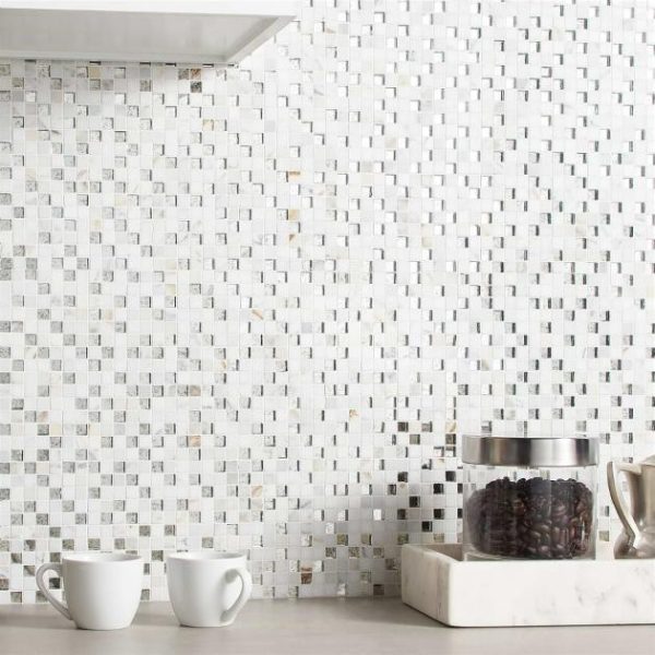 Calacatta | 1 sq. ft. Kelli Ellis Soli White 1×1 Marble & Mirror Polished Mosaic Tile White Calacatta Calacatta