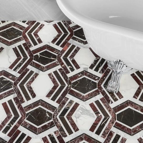 Calacatta | 1 sq. ft. Mezzo Bordeaux Red Polished Marble Mosaic Tile Bordeaux Polished Calacatta Bordeaux Polished