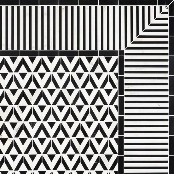 Calacatta | 1 sq. ft. Monroe Border Calacatta and Black Jade 7.87×8.30 Marble Mosaic Tile Black + White Lines Calacatta Black + White Lines