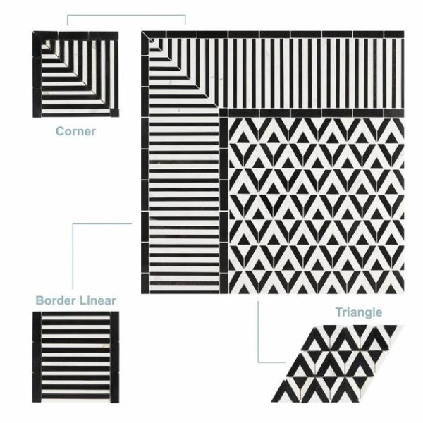 Calacatta | 1 sq. ft. Monroe Border Calacatta and Black Jade 7.87×8.30 Marble Mosaic Tile Black + White Lines Calacatta Black + White Lines