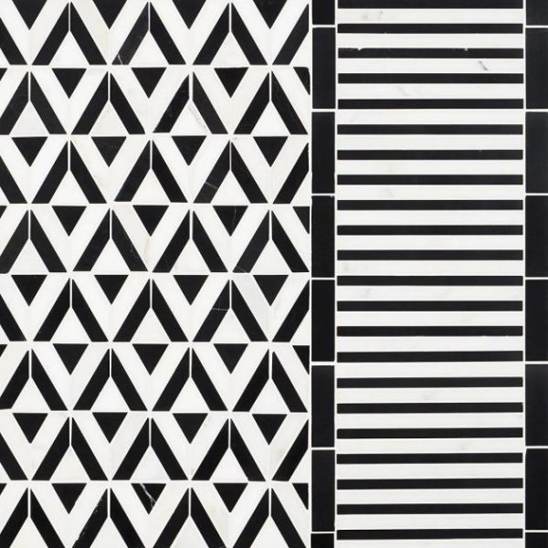 Calacatta | 1 sq. ft. Monroe Border Calacatta and Black Jade 7.87×8.30 Marble Mosaic Tile Black + White Lines Calacatta Black + White Lines