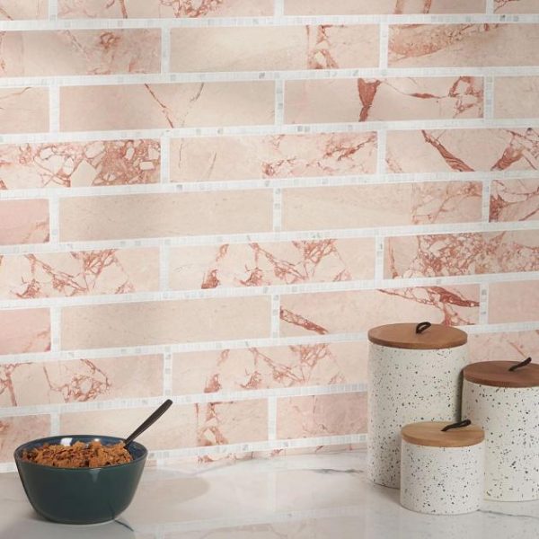 Calacatta | 1 sq. ft. New Palm Beach by Krista Watterworth Brick Pink 3×12″ Polished Marble Mosaic Pink Calacatta Calacatta