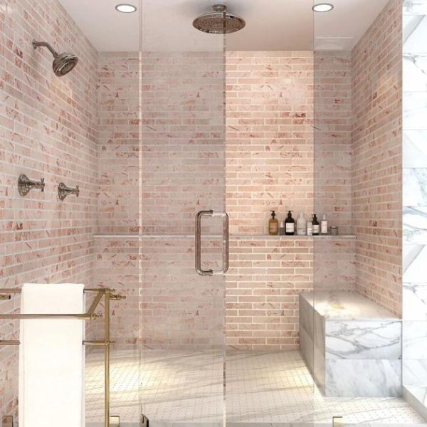 Calacatta | 1 sq. ft. New Palm Beach by Krista Watterworth Brick Pink 3×12″ Polished Marble Mosaic Pink Calacatta Calacatta