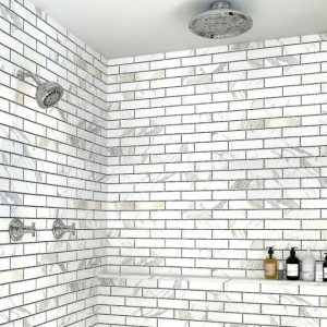 Calacatta | 1 sq. ft. New Palm Beach by Krista Watterworth Brick White 3×12″ Polished Marble Mosaic White Calacatta Calacatta