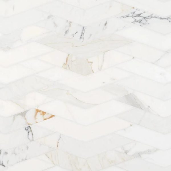 Calacatta | 1 sq. ft. New Palm Beach by Krista Watterworth Floral White Chevron Polished Marble Mosaic White Calacatta Calacatta