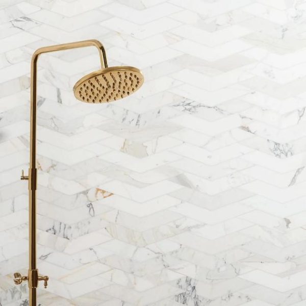 Calacatta | 1 sq. ft. New Palm Beach by Krista Watterworth Floral White Chevron Polished Marble Mosaic White Calacatta Calacatta