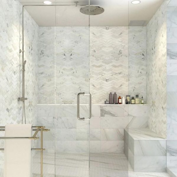 Calacatta | 1 sq. ft. New Palm Beach by Krista Watterworth Floral White Chevron Polished Marble Mosaic White Calacatta Calacatta