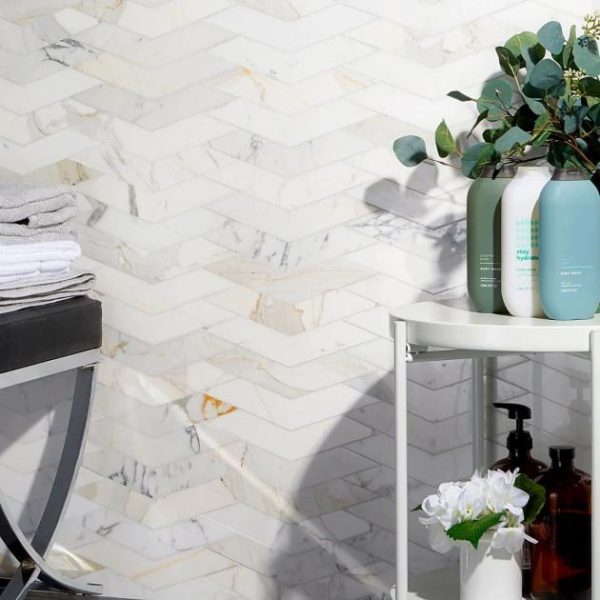 Calacatta | 1 sq. ft. New Palm Beach by Krista Watterworth Floral White Chevron Polished Marble Mosaic White Calacatta Calacatta