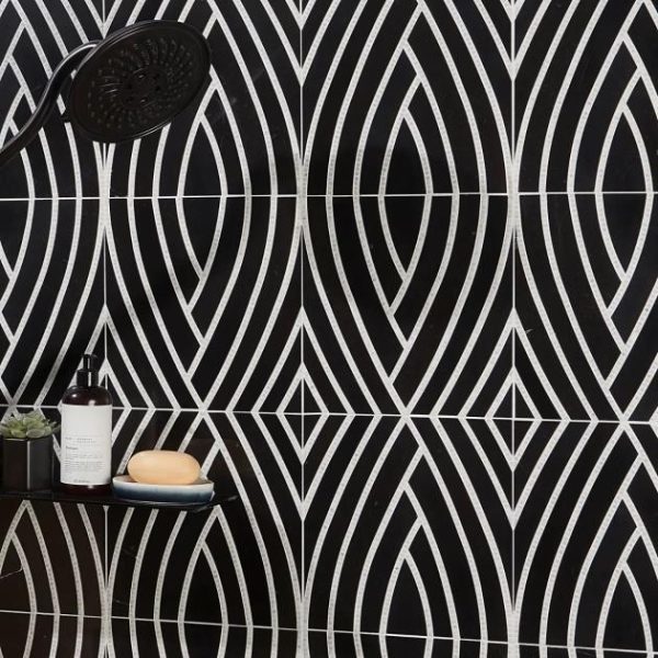 Calacatta | 1 sq. ft. New Palm Beach by Krista Watterworth Leaf Black Polished Marble Mosaic Black Calacatta Black