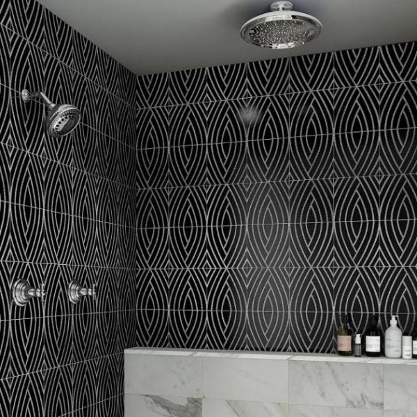 Calacatta | 1 sq. ft. New Palm Beach by Krista Watterworth Leaf Black Polished Marble Mosaic Black Calacatta Black