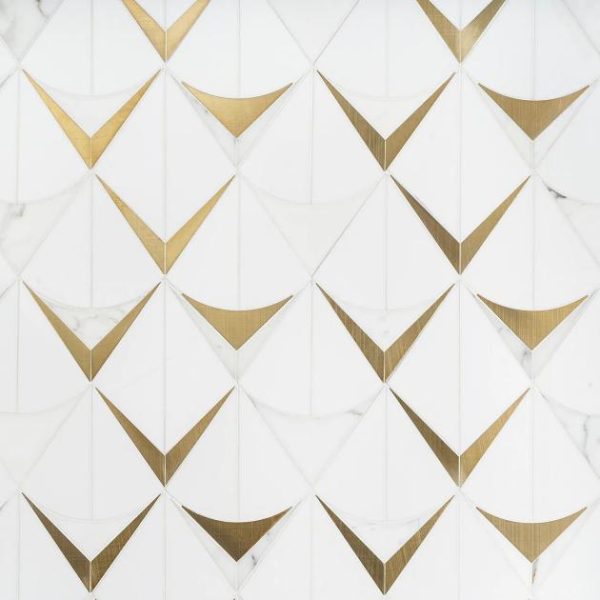 Calacatta | 1 sq. ft. Regis Bianco Waterjet Polished Marble Mosaic Tile- White and Brass Bianco Natural Calacatta Bianco Natural