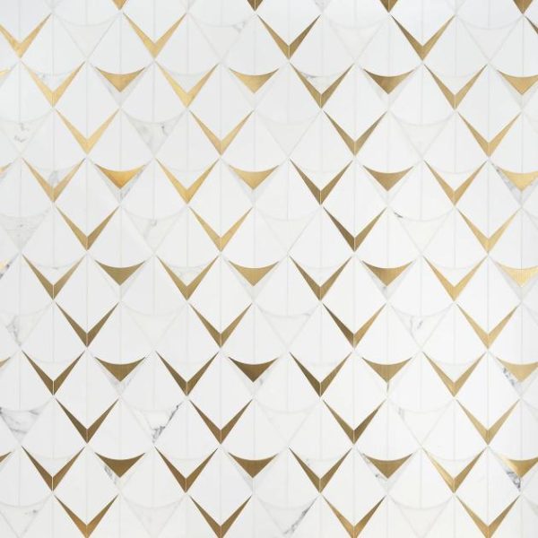 Calacatta | 1 sq. ft. Regis Bianco Waterjet Polished Marble Mosaic Tile- White and Brass Bianco Natural Calacatta Bianco Natural