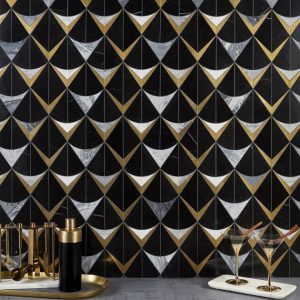 Calacatta | 1 sq. ft. Regis Nero Waterjet Polished Marble Mosaic Tile- Black and Brass Nero Natural Calacatta Calacatta