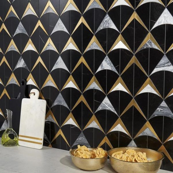 Calacatta | 1 sq. ft. Regis Nero Waterjet Polished Marble Mosaic Tile- Black and Brass Nero Natural Calacatta Calacatta