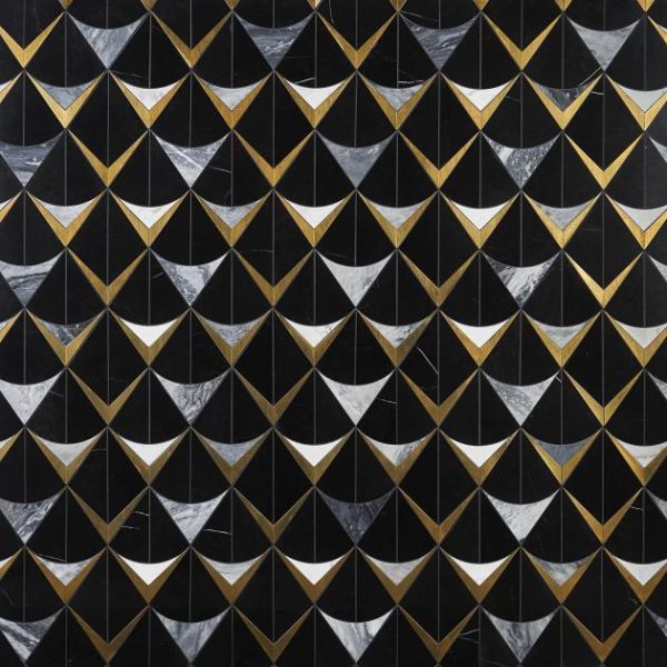 Calacatta | 1 sq. ft. Regis Nero Waterjet Polished Marble Mosaic Tile- Black and Brass Nero Natural Calacatta Calacatta