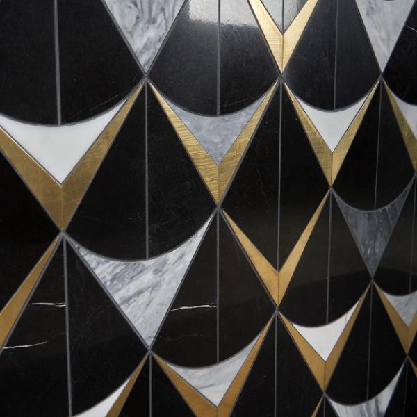 Calacatta | 1 sq. ft. Regis Nero Waterjet Polished Marble Mosaic Tile- Black and Brass Nero Natural Calacatta Calacatta