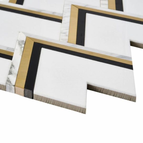 Calacatta | 1 sq. ft. VZAG Nero White Black and Gold 6″ Polished Marble & Brass Mosaic Tile Nero Black- Gold And White Calacatta Calacatta