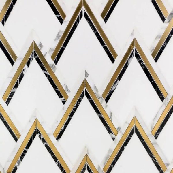 Calacatta | 1 sq. ft. VZAG Nero White Black and Gold 6″ Polished Marble & Brass Mosaic Tile Nero Black- Gold And White Calacatta Calacatta