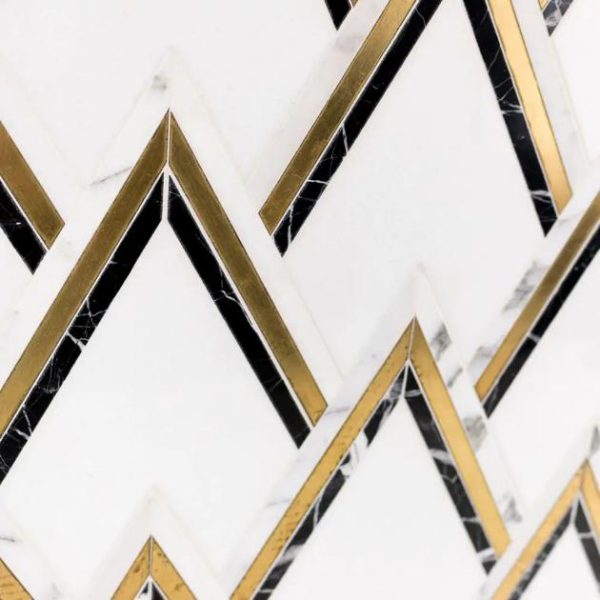 Calacatta | 1 sq. ft. VZAG Nero White Black and Gold 6″ Polished Marble & Brass Mosaic Tile Nero Black- Gold And White Calacatta Calacatta