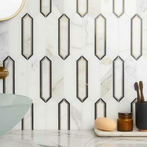 Calacatta | 1 sq. ft. Zeus White Calacatta 2×8 Picket Polished Marble and Brass Waterjet Mosaic Tile White Calacatta Calacatta Calacatta