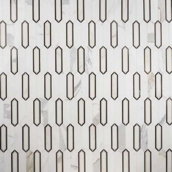 Calacatta | 1 sq. ft. Zeus White Calacatta 2×8 Picket Polished Marble and Brass Waterjet Mosaic Tile White Calacatta Calacatta Calacatta