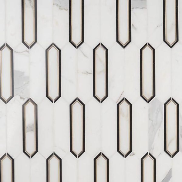 Calacatta | 1 sq. ft. Zeus White Calacatta 2×8 Picket Polished Marble and Brass Waterjet Mosaic Tile White Calacatta Calacatta Calacatta