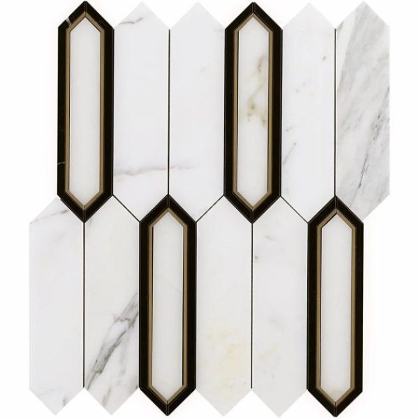 Calacatta | 1 sq. ft. Zeus White Calacatta 2×8 Picket Polished Marble and Brass Waterjet Mosaic Tile White Calacatta Calacatta Calacatta