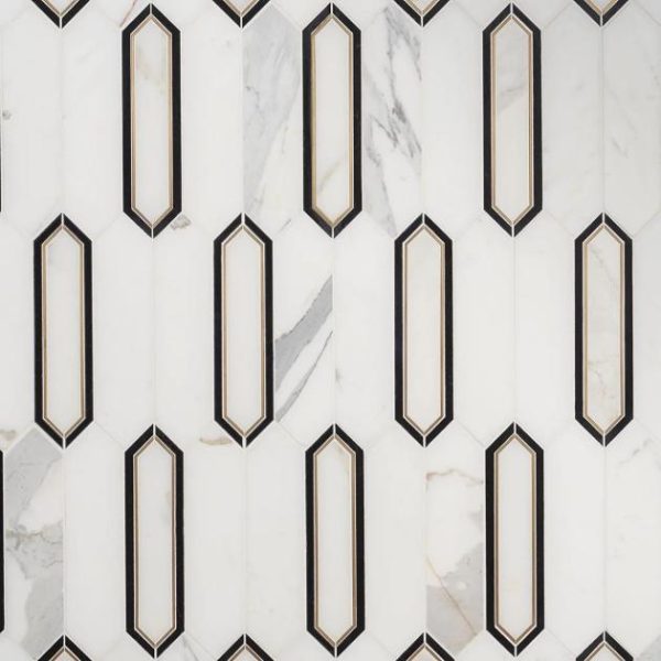 Calacatta | 1 sq. ft. Zeus White Calacatta 2×8 Picket Polished Marble and Brass Waterjet Mosaic Tile White Calacatta Calacatta Calacatta