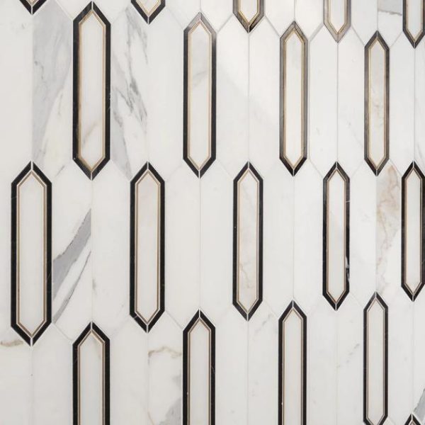 Calacatta | 1 sq. ft. Zeus White Calacatta 2×8 Picket Polished Marble and Brass Waterjet Mosaic Tile White Calacatta Calacatta Calacatta