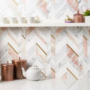 Carrara | 1 sq. ft. Amari Rosa Polished Marble and Brass Chevron Mosaic Tile Rosa Carrara Carrara