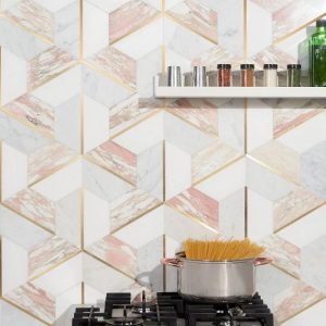 Carrara | 1 sq. ft. Decade Rosa Polished Marble and Brass Mosaic Tile Rosa Carrara Carrara