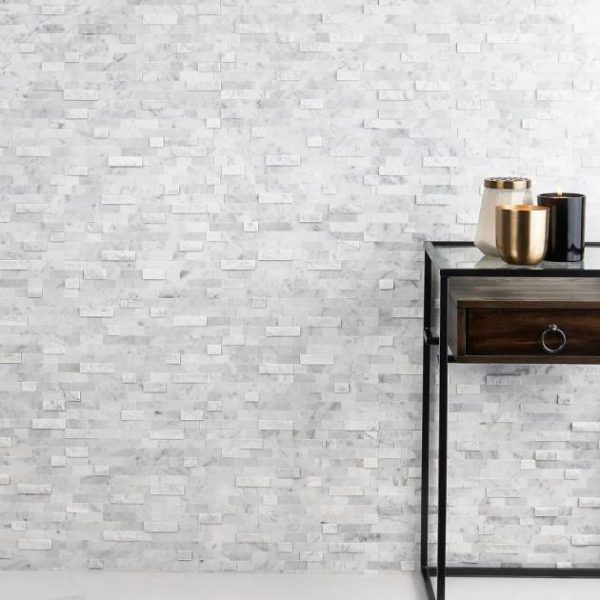 Carrara | 1 sq. ft. Mini Brick LPS White Peel & Stick Self Adhesive Polished Stone Mosaic Tile White Carrara Carrara